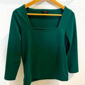 J Crew forest green square neck 3/4 sleeve cotton top XS